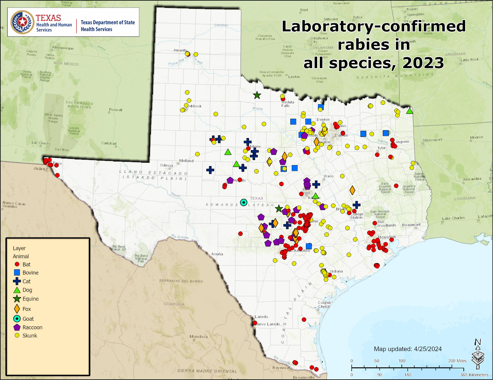 Rabies Maps 2023 Texas DSHS